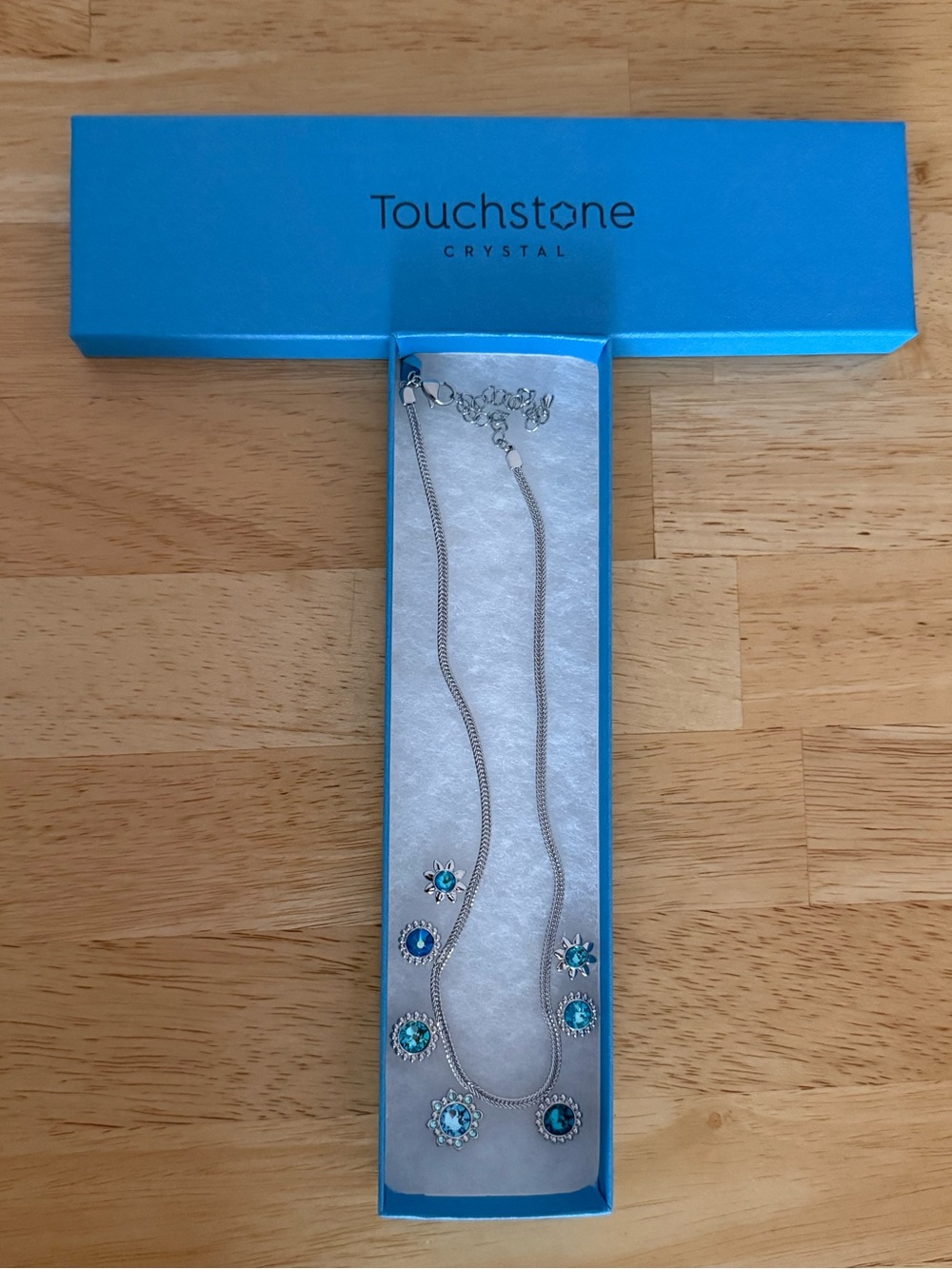 Touchstone Crystal Full Bloom Silver Tone Necklace with Blue Crystal BNIB